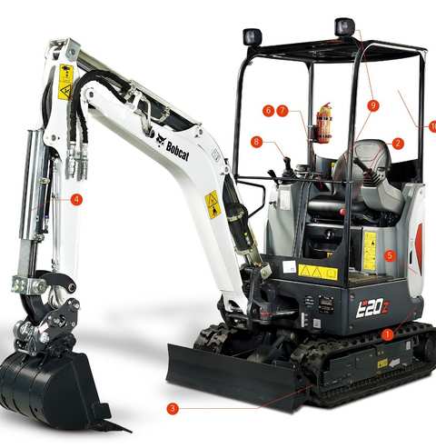 Bobcat E20z, вид сбоку с нумерацией особенностей