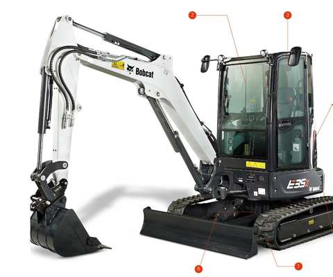 Bobcat E35z, вид сбоку с нумерацией особенностей